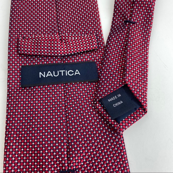 4/$25 Nautica Red Navy White Check 100% Silk Tie - Picture 7 of 13